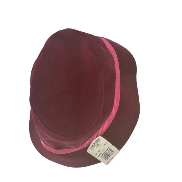 Wilsons Leather Pelle Studio Burgundy Velvet Fedora Hat L/XL Pink Satin Band VTG - Picture 9 of 10